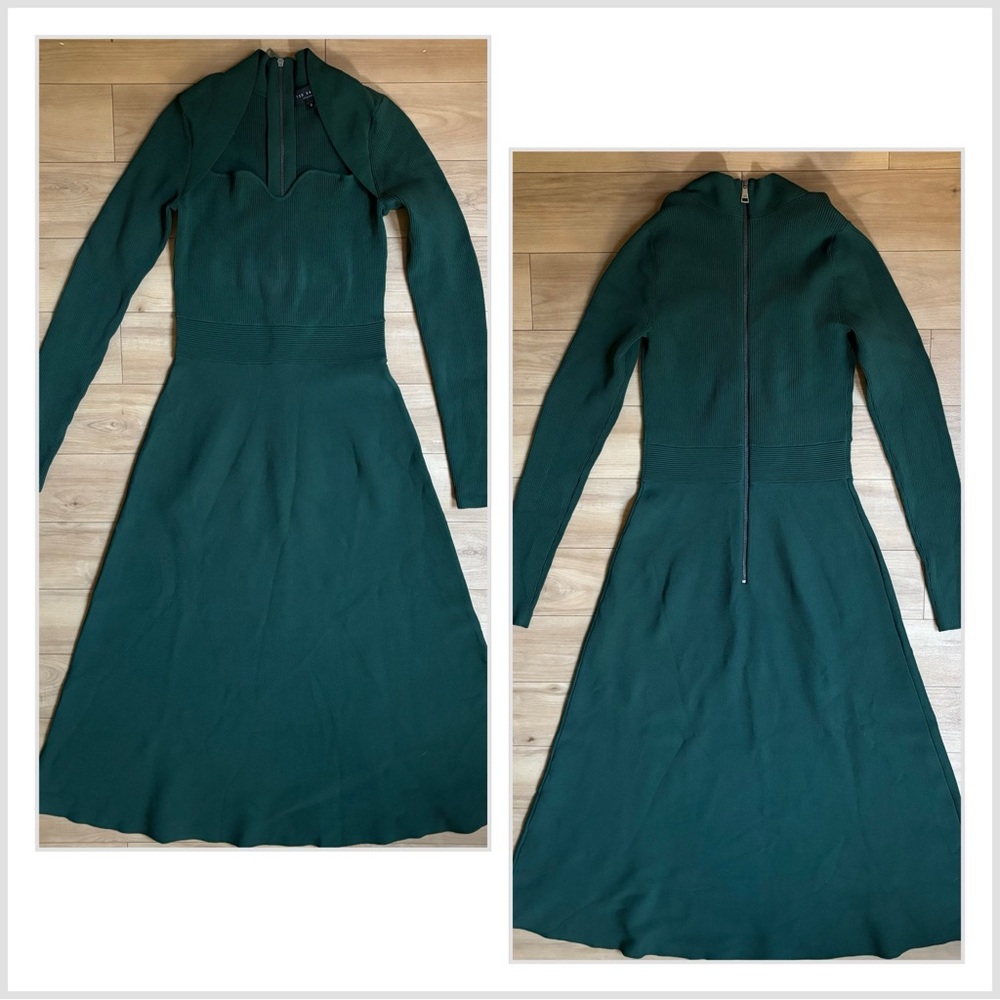 Ted Baker Forest Green Long Sleeve Dress sweetheart size 0 XS / S ribbed midi - Picture 3 of 10